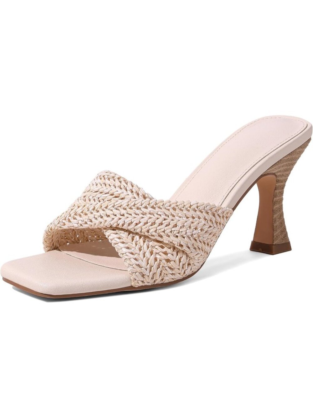 Women's Beige Stiletto Mule Heel Open Square Toe Braided Backless Slip On